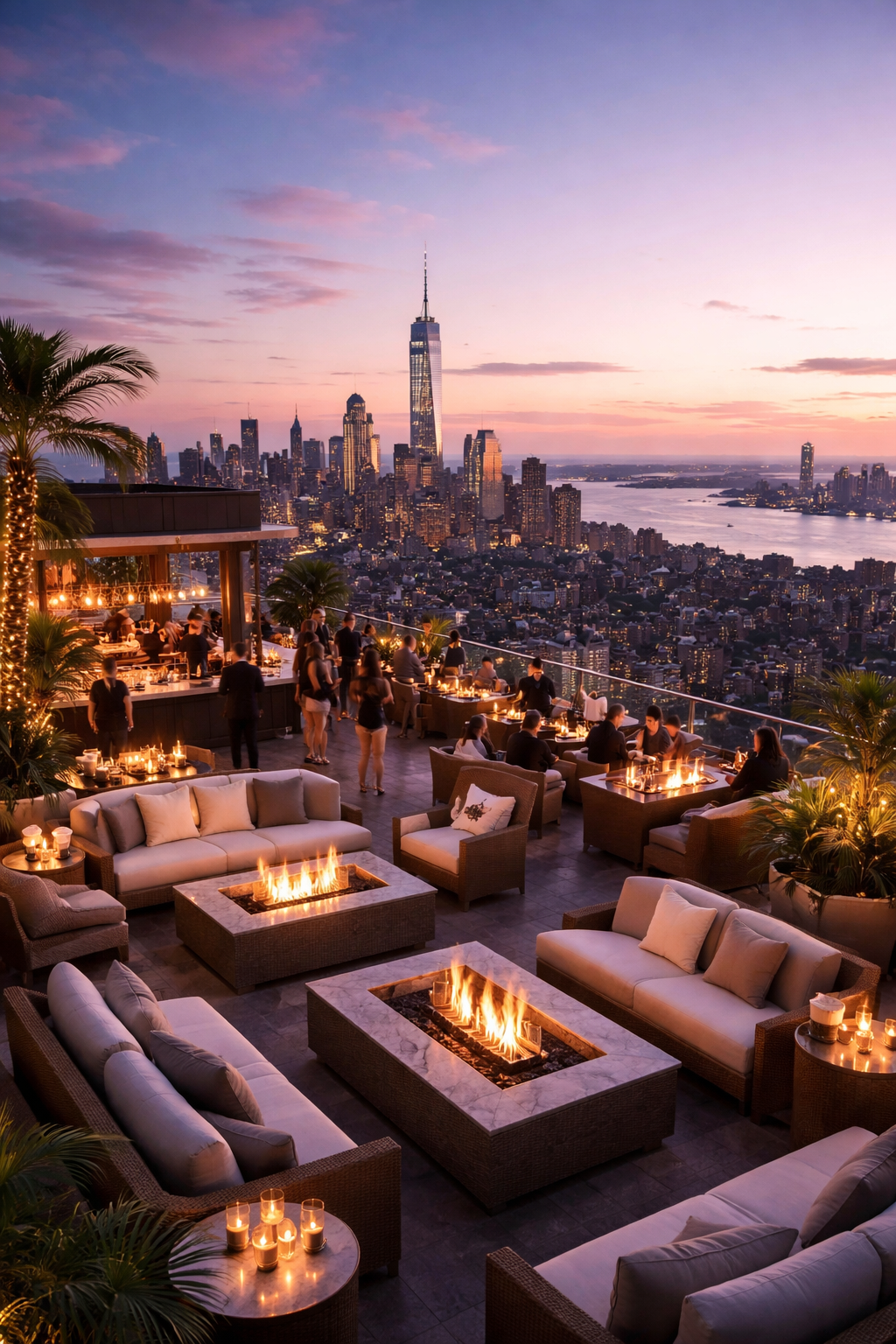 Elegant rooftop lounge with Manhattan skyline view